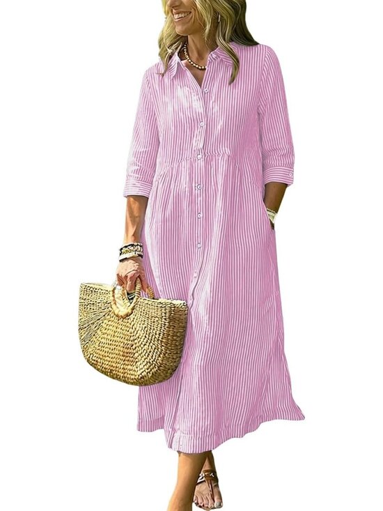 Dresses & Skirts - Boho Striped Button-Up Shirt Dress with 3/4 Sleeves, Side Slit & Pockets